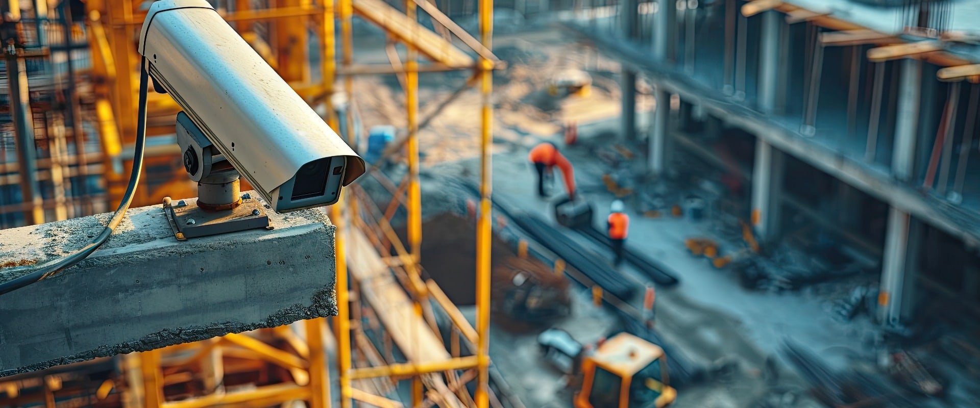 CCTV-Kamera, die einen Bagger und Arbeiter bei der Arbeit auf einer Baustelle beobachtet. mit Kopierraumbild. Platz zum Hinzufügen von Text oder Design