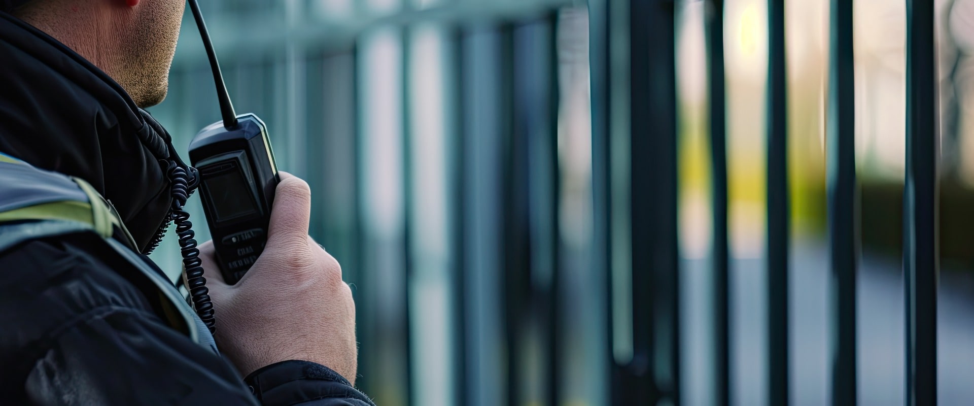 Ein wachsamer Wachmann in Großaufnahme mit einem Walkie-Talkie an einem neuen Tor, als Symbol für verbesserte Sicherheits- und Zugangskontrolldienste