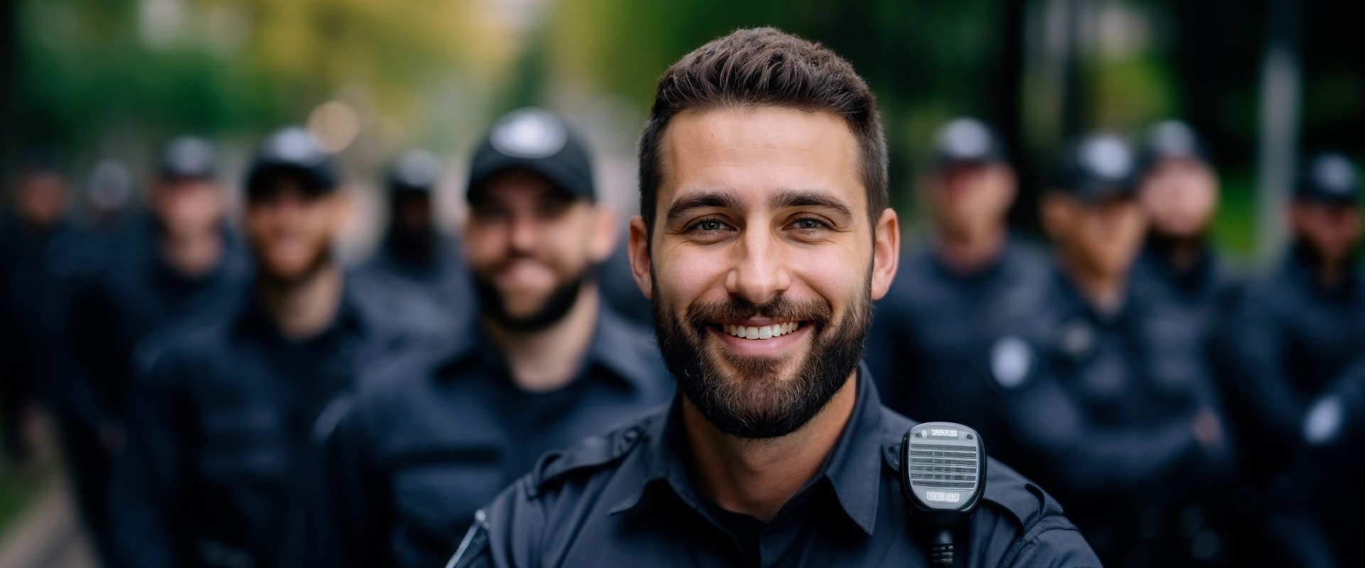 Polizist lächelt mit seinem Team im Hintergrund